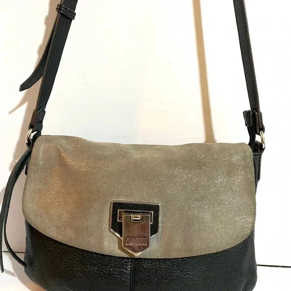 Aimee Kestenberg black grey leather suede satchel handbag